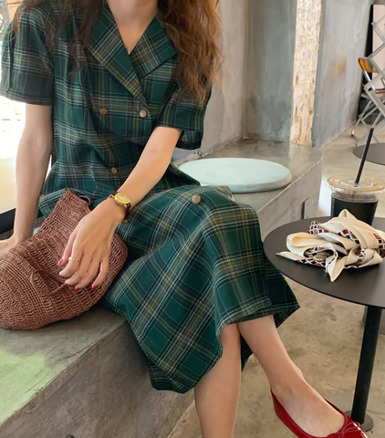 Double Breasted Plaid Dress - Green/ Red