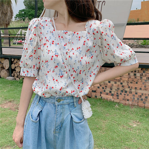 Ditsy Floral Button Top - Blue/ White