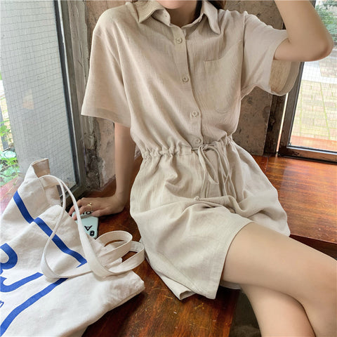Casual Drawstring Playsuit - Beige/ Navy