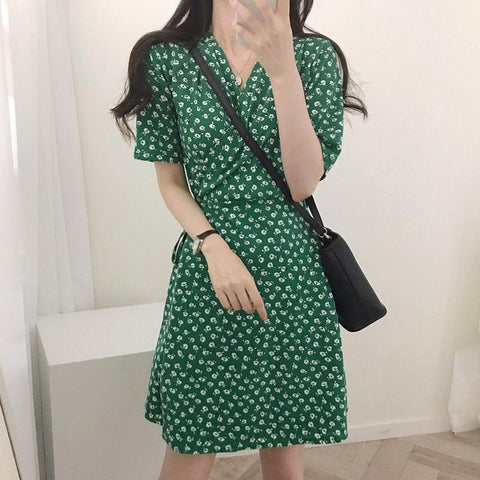 Ditsy Floral Tie Dress - Green