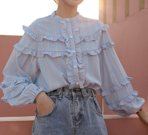 Ruffled Striped Button Blouse