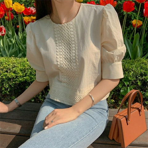 Lace Stitching Puff Sleeve Top - Cream