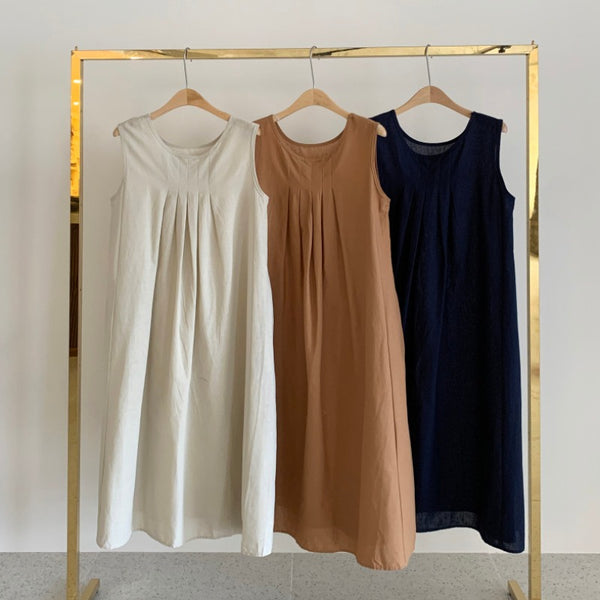Sleeveless Pleated Vest Dress - Brown/ Beige/ Navy