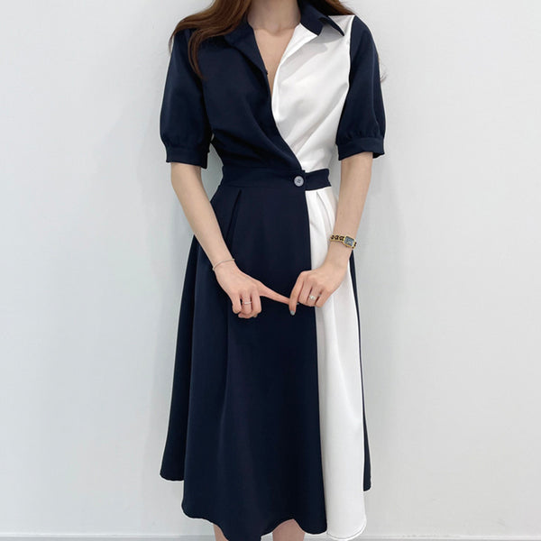 Two-tone Button Dress - Beige/ Navy