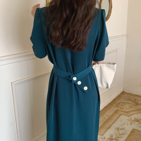 Double Breasted Plain Dress - Blue/ Green/ Black