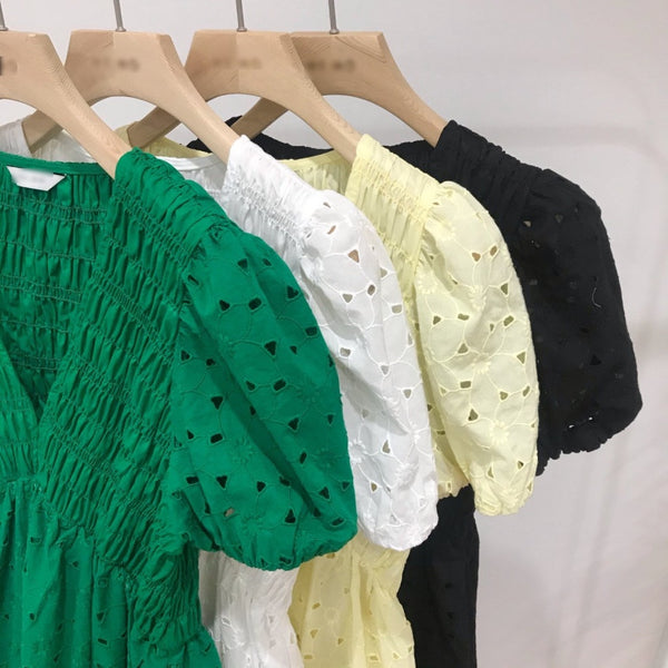 Retro Deep V-neck Hollow Dress - White/ Green/ Yellow/ Black