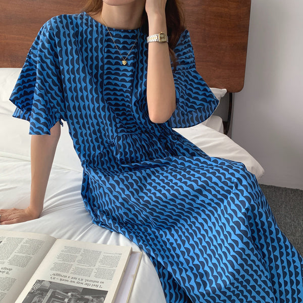 Geometric Striped Print Round Neck Flying Sleeve Dress - Blue/ Black