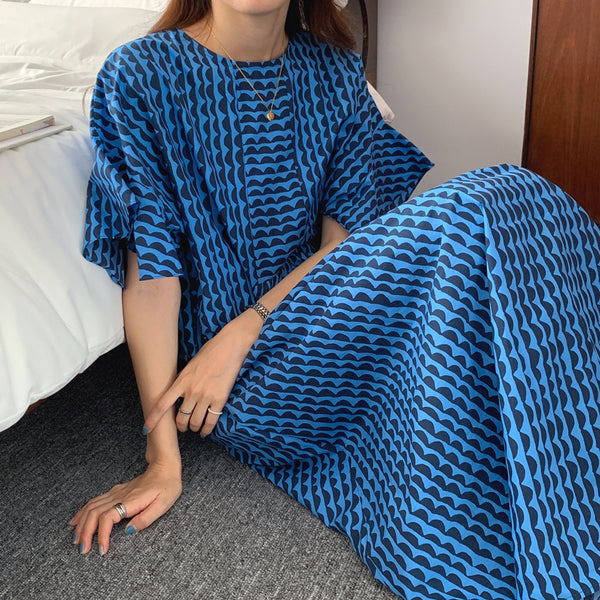 Geometric Striped Print Round Neck Flying Sleeve Dress - Blue/ Black