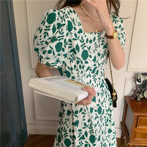 Square Neck Green Floral Print Tie Dress